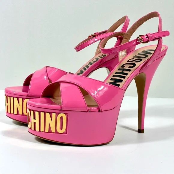 Moschino Logo Leather Platform Stiletto Sandals Heels Pink Gold NEW